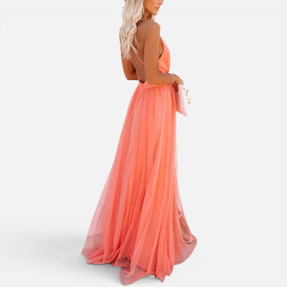 Maxikleid Tiefem V Ausschnitt Ärmellos Tailliert Chiffonoptik