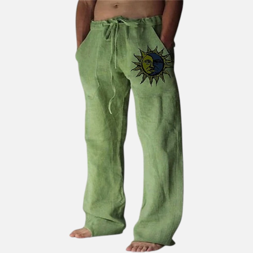Leinenhose mit Sonnengrafik und Kordelzug