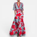 Langes Damenkleid mit Blumenmuster und V Ausschnitt