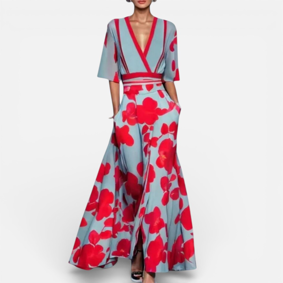 Langes Damenkleid mit Blumenmuster und V Ausschnitt