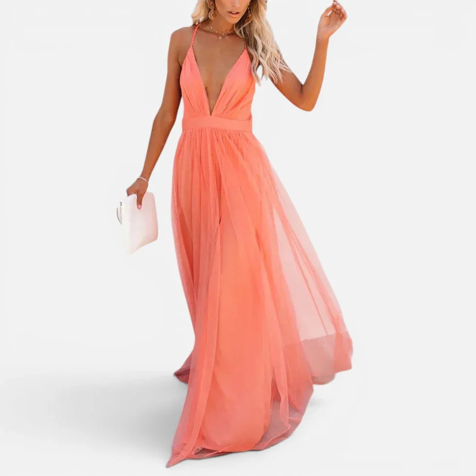 Maxikleid Tiefem V Ausschnitt Ärmellos Tailliert Chiffonoptik