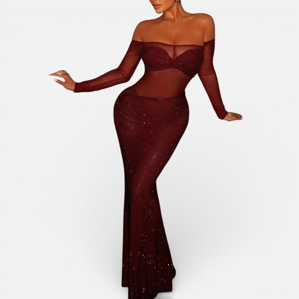 Langes Abendkleid mit Off Shoulder Schnitt und transparentem Oberteil