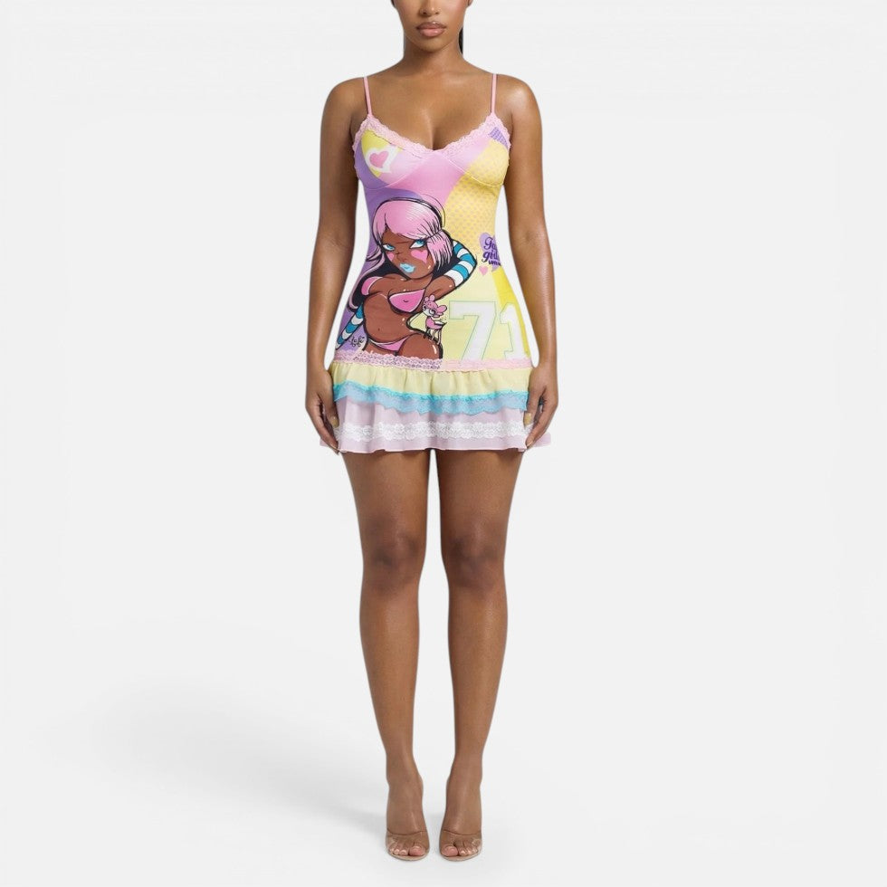 Yvonne | Damen Minikleid Print Spaghettiträger – Bedrucktes Mini Kleid Sommer 2026