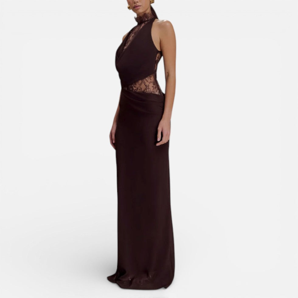 Langes Abendkleid mit Spitzenoberteil und Neckholderkragen