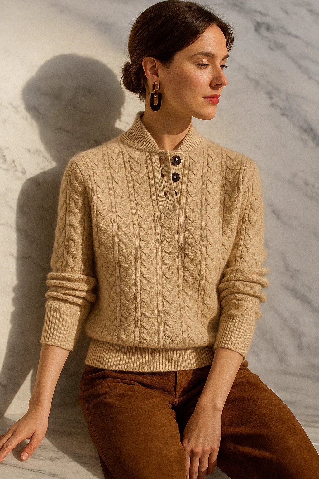 Kaschmir Strickpullover mit Zopfmuster und Knopfleiste