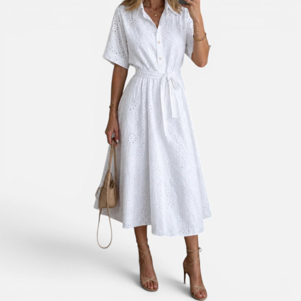 Midikleid Lochstickerei Bindegürtel Kurzarm Hemdkragen