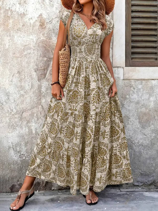 Paloma | Damen Boho Maxikleid mit Smocking-Taille, V-Ausschnitt Print