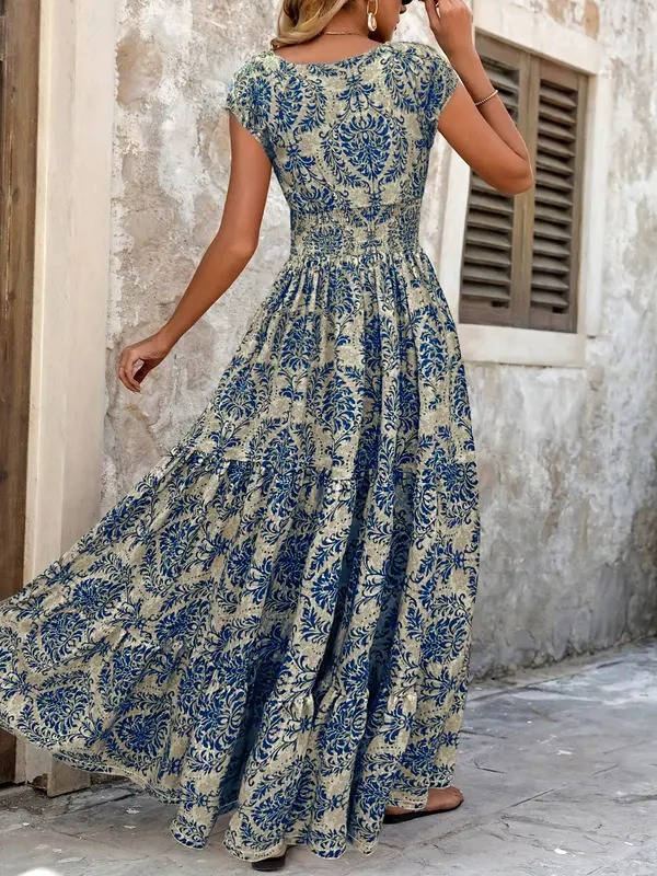 Paloma | Damen Boho Maxikleid mit Smocking-Taille, V-Ausschnitt Print