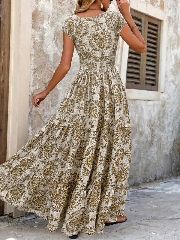 Paloma | Damen Boho Maxikleid mit Smocking-Taille, V-Ausschnitt Print