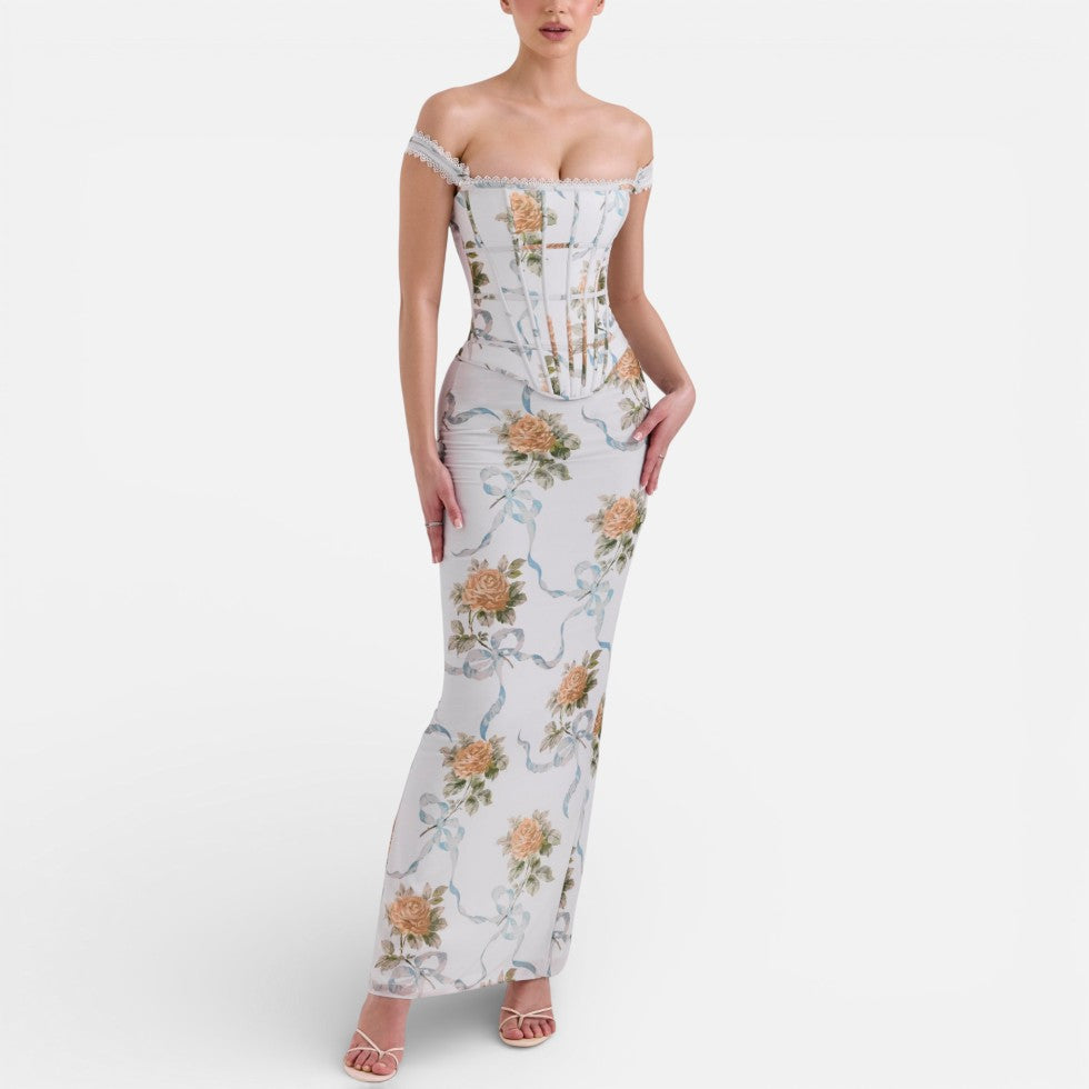 Langes Kleid mit Korsettoberteil und Blumenmuster
