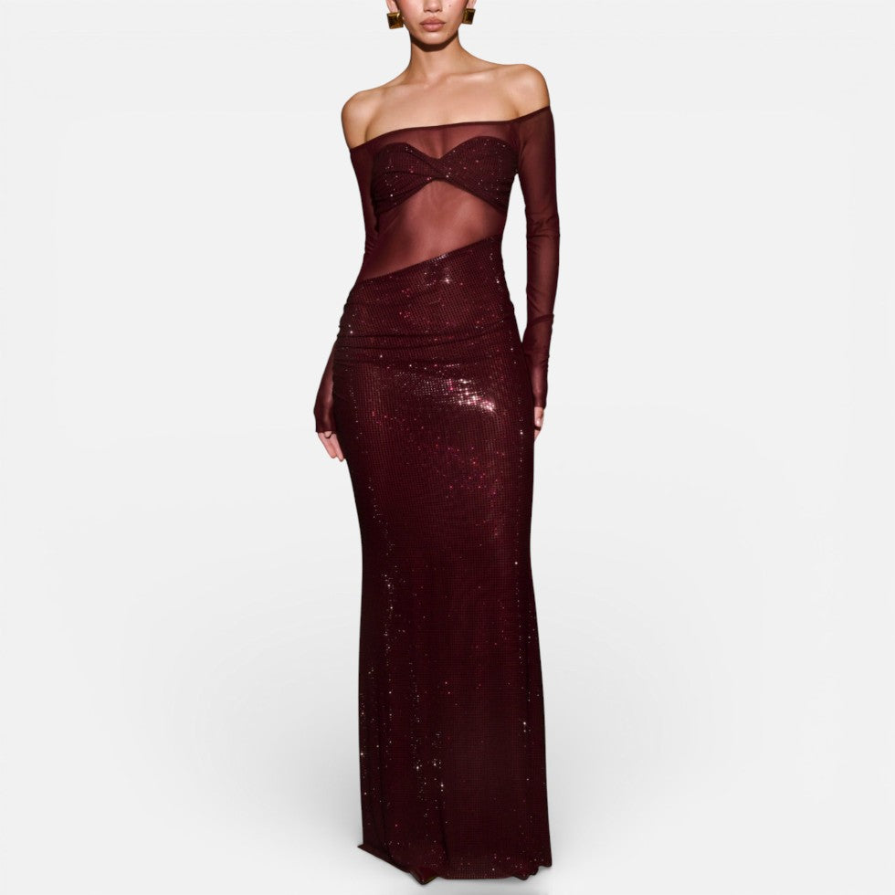 Langes Abendkleid mit Off Shoulder Schnitt und transparentem Oberteil