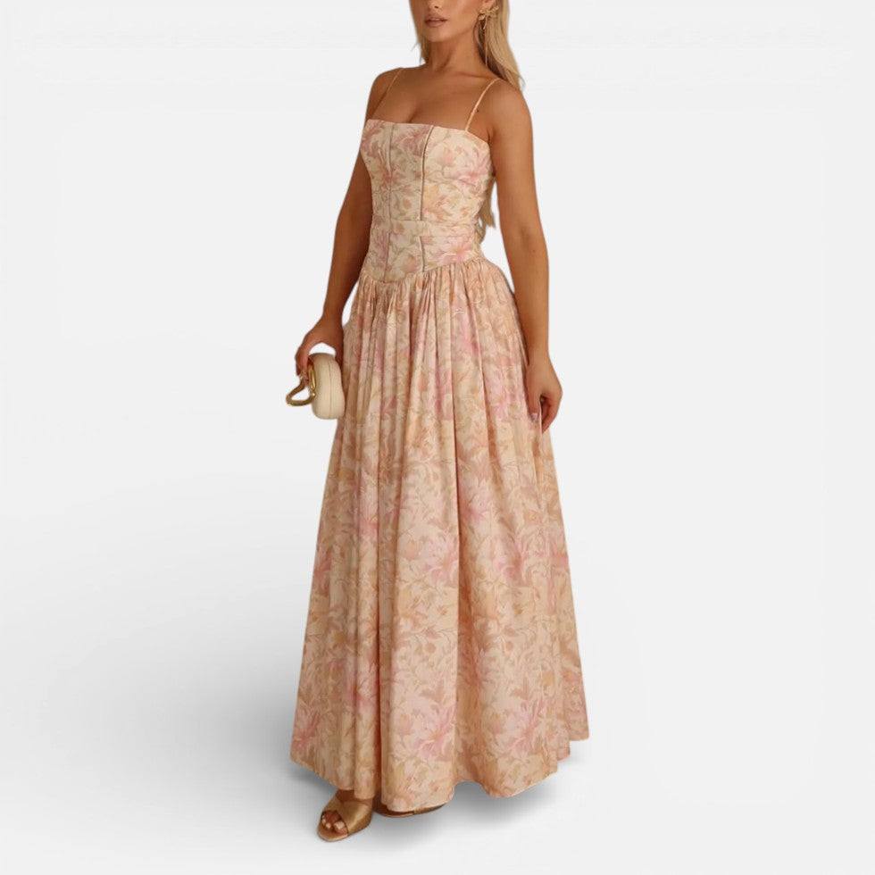 Langes Trägerkleid mit Blumenmuster und Korsage