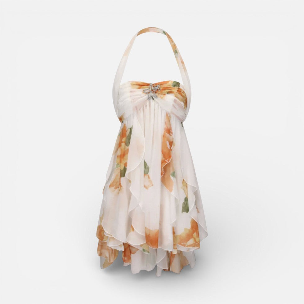 Kurzes Neckholderkleid mit Volants und Blumenmuster