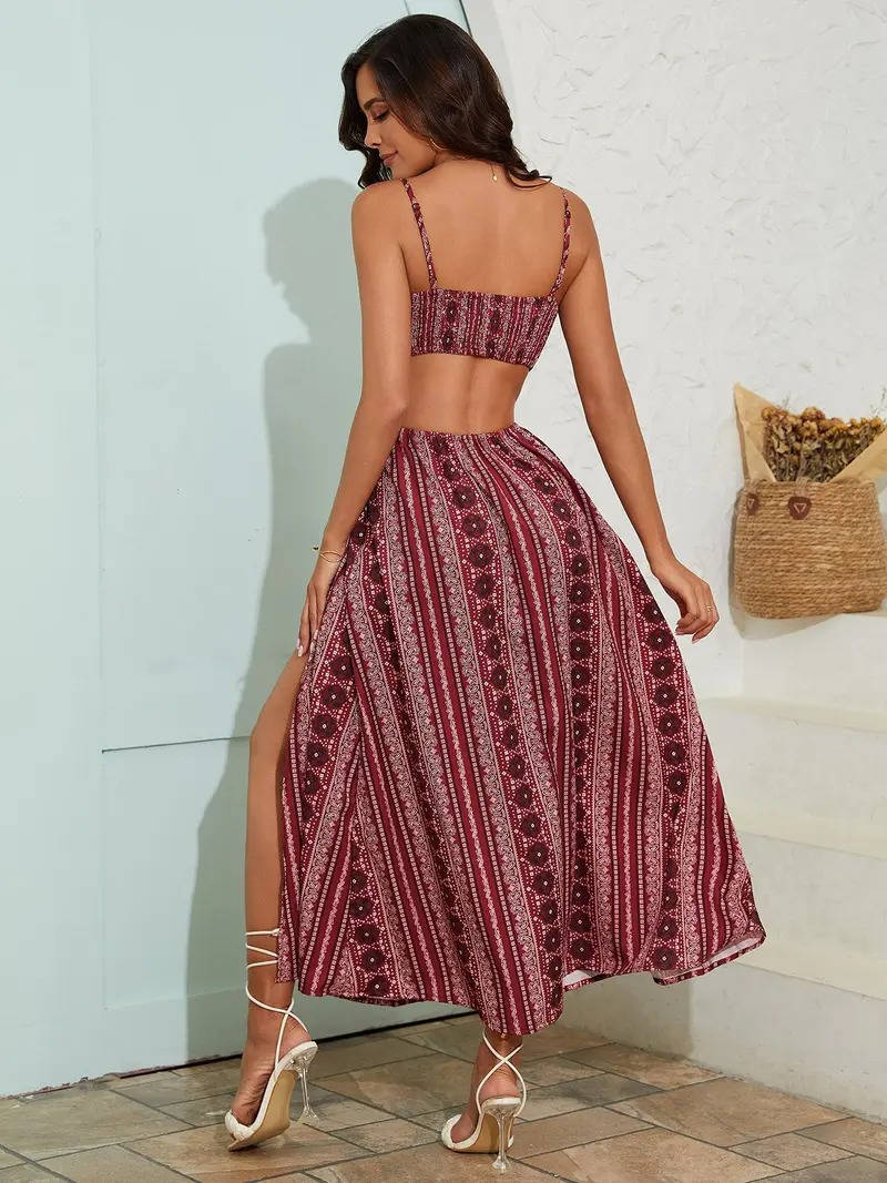 Damen Ärmellos Cut-Out Boho Sommer Maxikleid