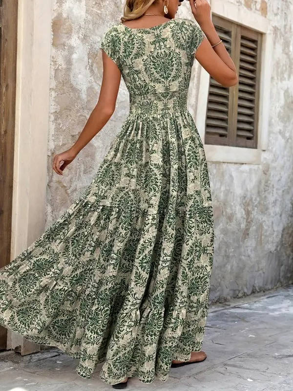 Paloma | Damen Boho Maxikleid mit Smocking-Taille, V-Ausschnitt Print