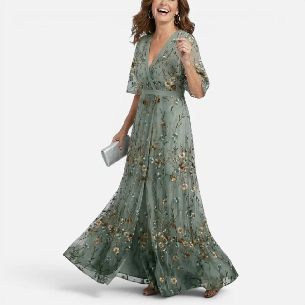 Maxikleid Florales Muster V Ausschnitt Kurzarm