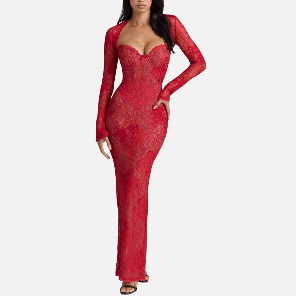 Langes Abendkleid aus Spitze mit langen Ärmeln