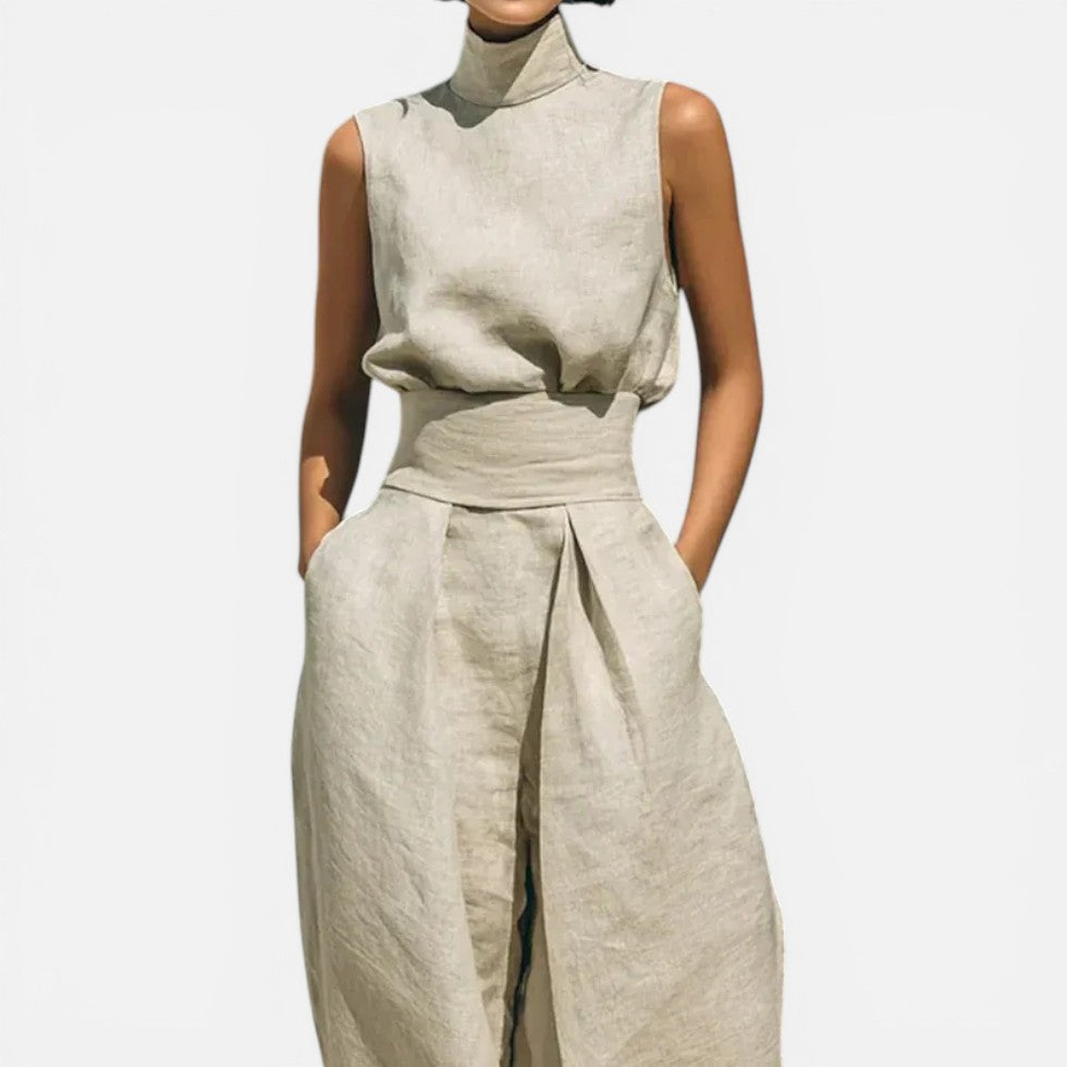 Ärmelloser Jumpsuit mit weitem Bein und Stehkragen