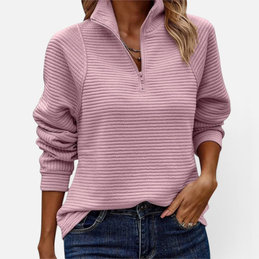 Damen Strickpullover mit Reißverschluss Langarm Gerippt