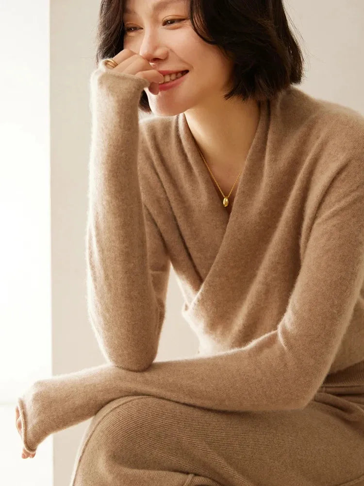 Kaschmir Wickelpullover mit V-Ausschnitt