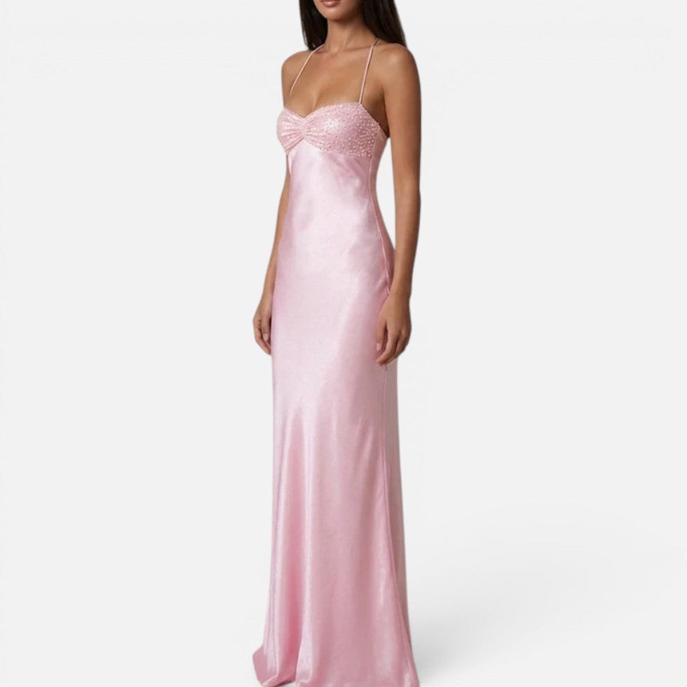 Maxikleid Perlenbesatz Halterneck Ärmellos Satinoptik