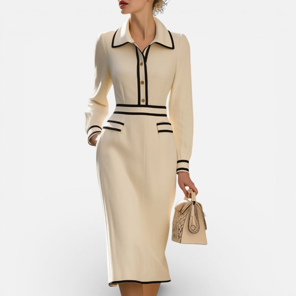 Damen Midikleid Langarm Hemdkragen Etuikleid