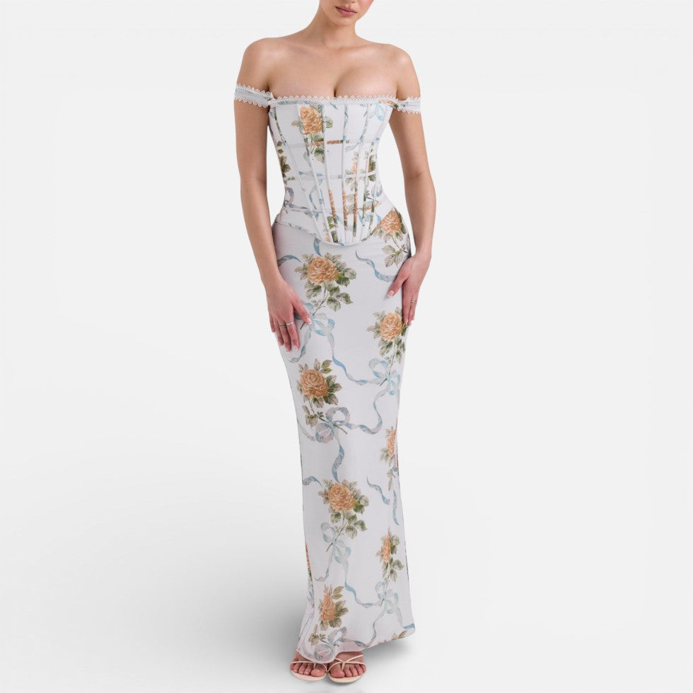 Langes Kleid mit Korsettoberteil und Blumenmuster