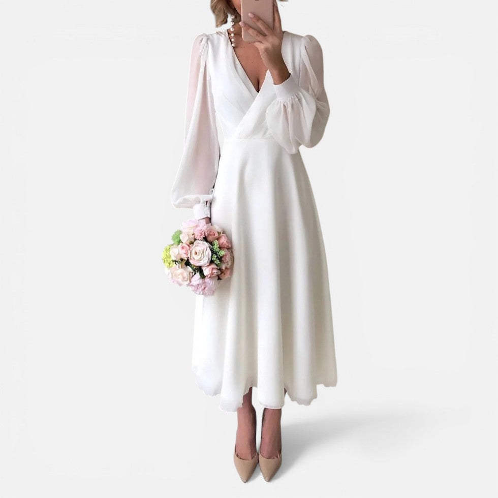 Hannelore | Damen Midikleid V-Ausschnitt Langer Ärmel – Elegantes Herbstkleid 2026