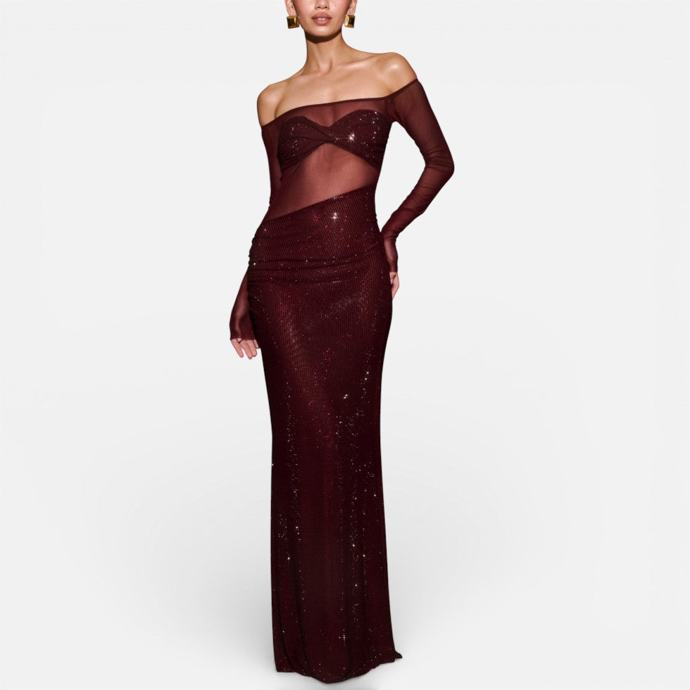 Langes Abendkleid mit Off Shoulder Schnitt und transparentem Oberteil