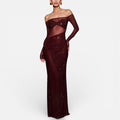 Langes Abendkleid mit Off Shoulder Schnitt und transparentem Oberteil