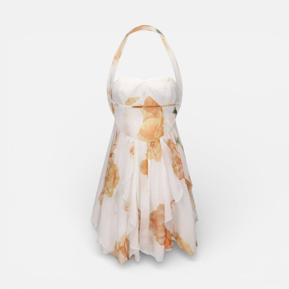 Kurzes Neckholderkleid mit Volants und Blumenmuster