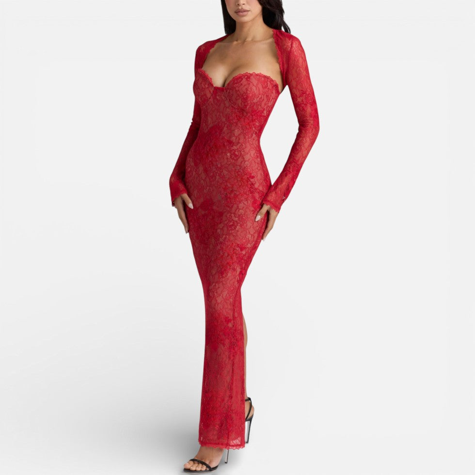 Langes Abendkleid aus Spitze mit langen Ärmeln