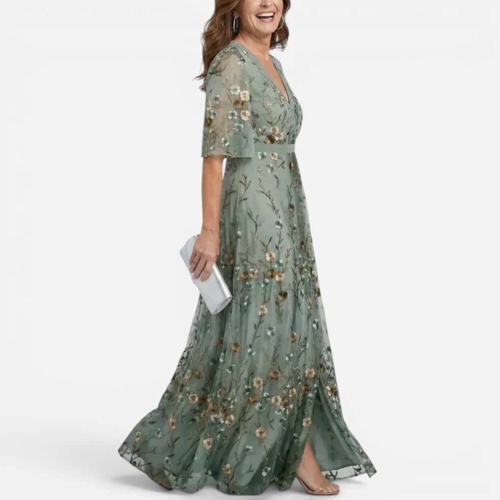 Maxikleid Florales Muster V Ausschnitt Kurzarm
