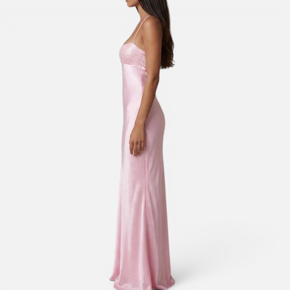 Maxikleid Perlenbesatz Halterneck Ärmellos Satinoptik