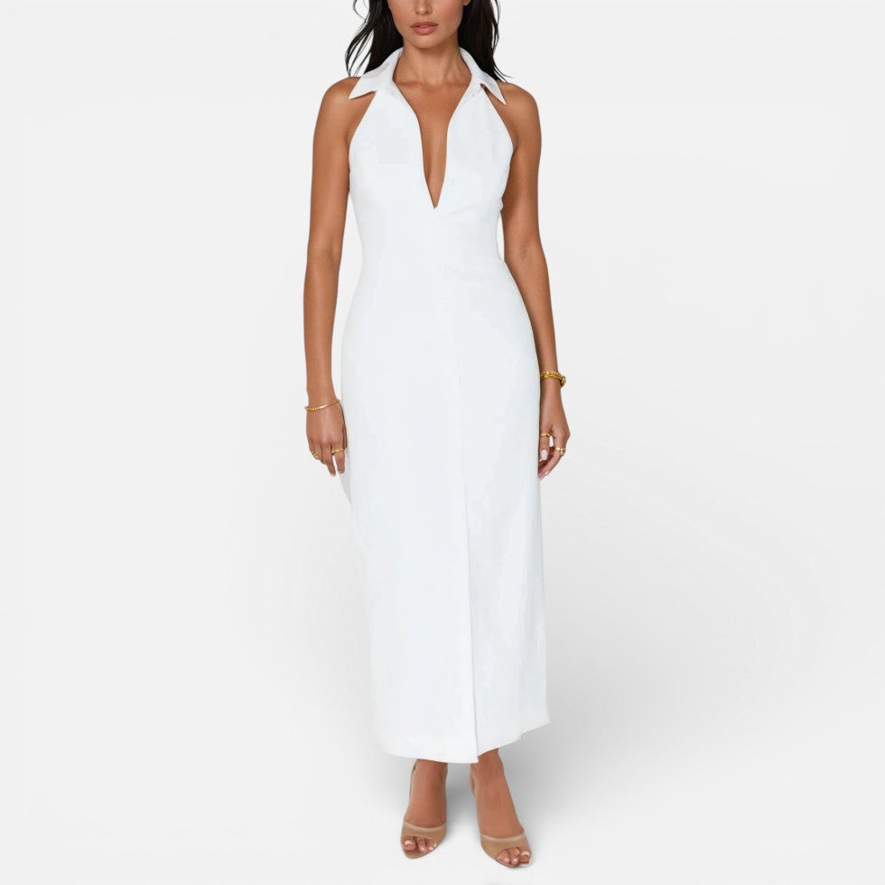 Ärmelloses Midikleid mit Knopfleiste und Schlitz