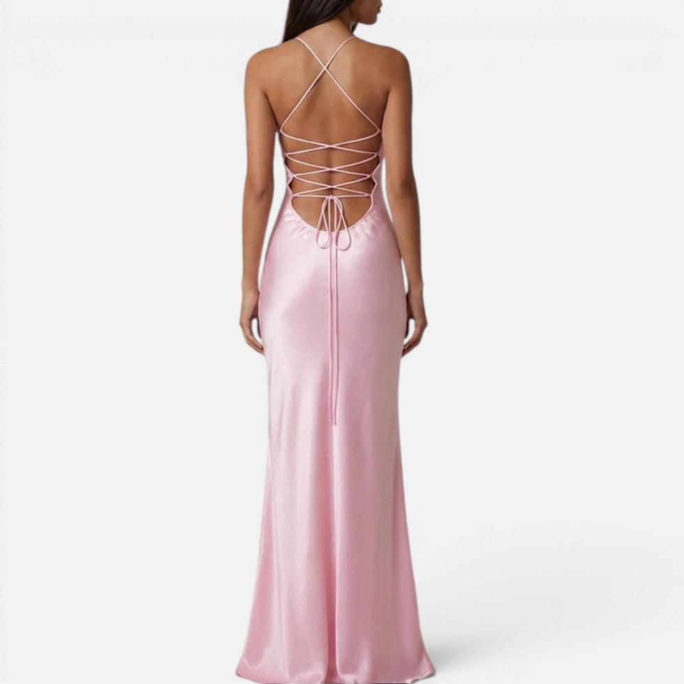 Maxikleid Perlenbesatz Halterneck Ärmellos Satinoptik