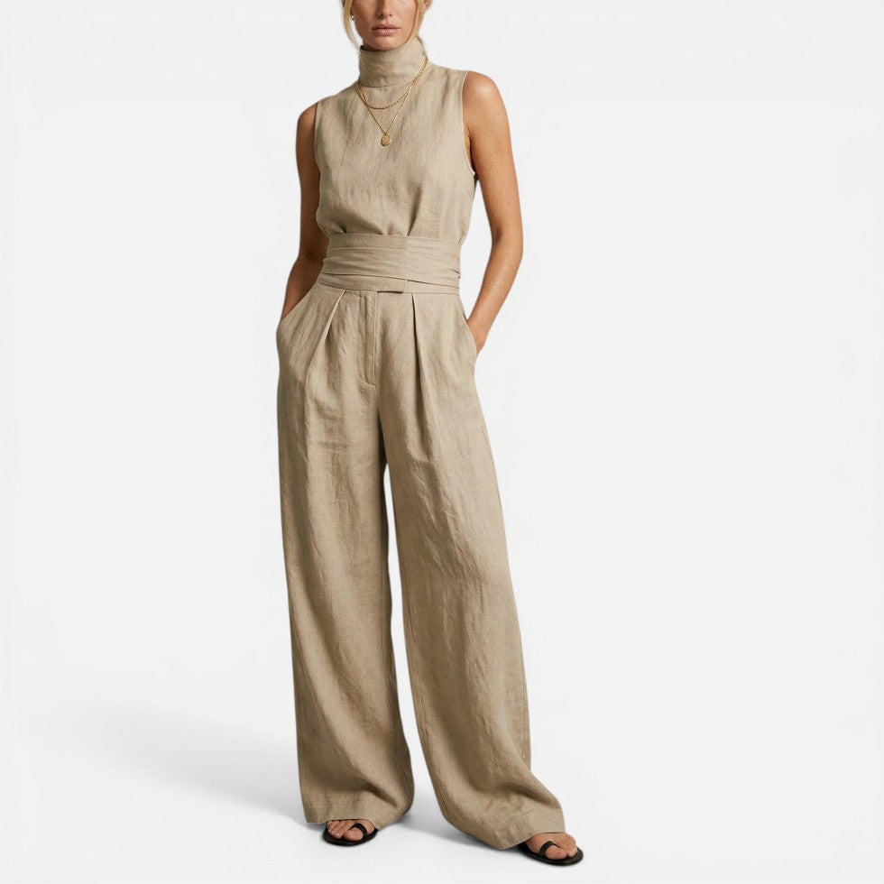 Ärmelloser Jumpsuit mit weitem Bein und Stehkragen