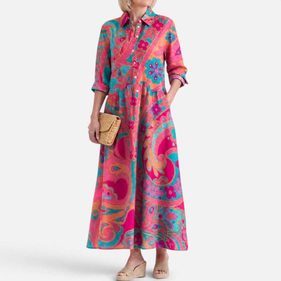 Maxikleid Hemdblusenkleid Langarm Blumenmuster Knopfleiste