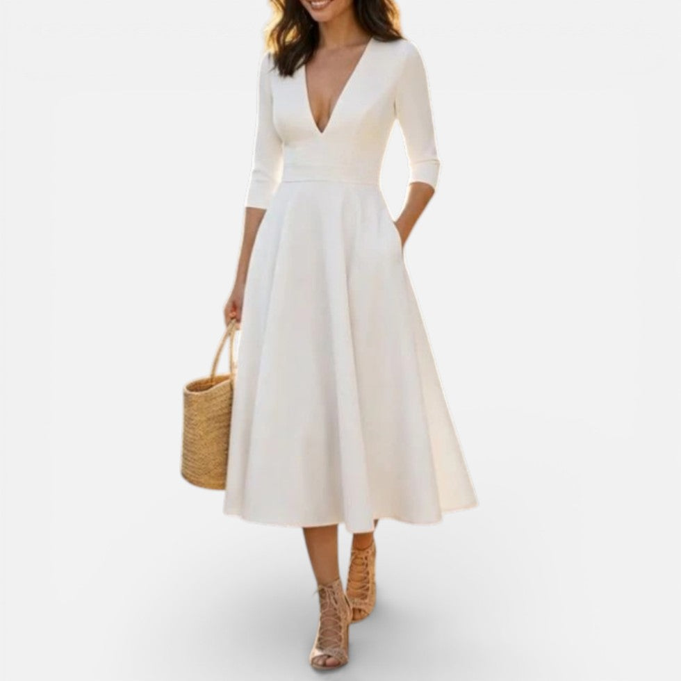 Damen Midikleid mit V Ausschnitt und Dreiviertelärmeln