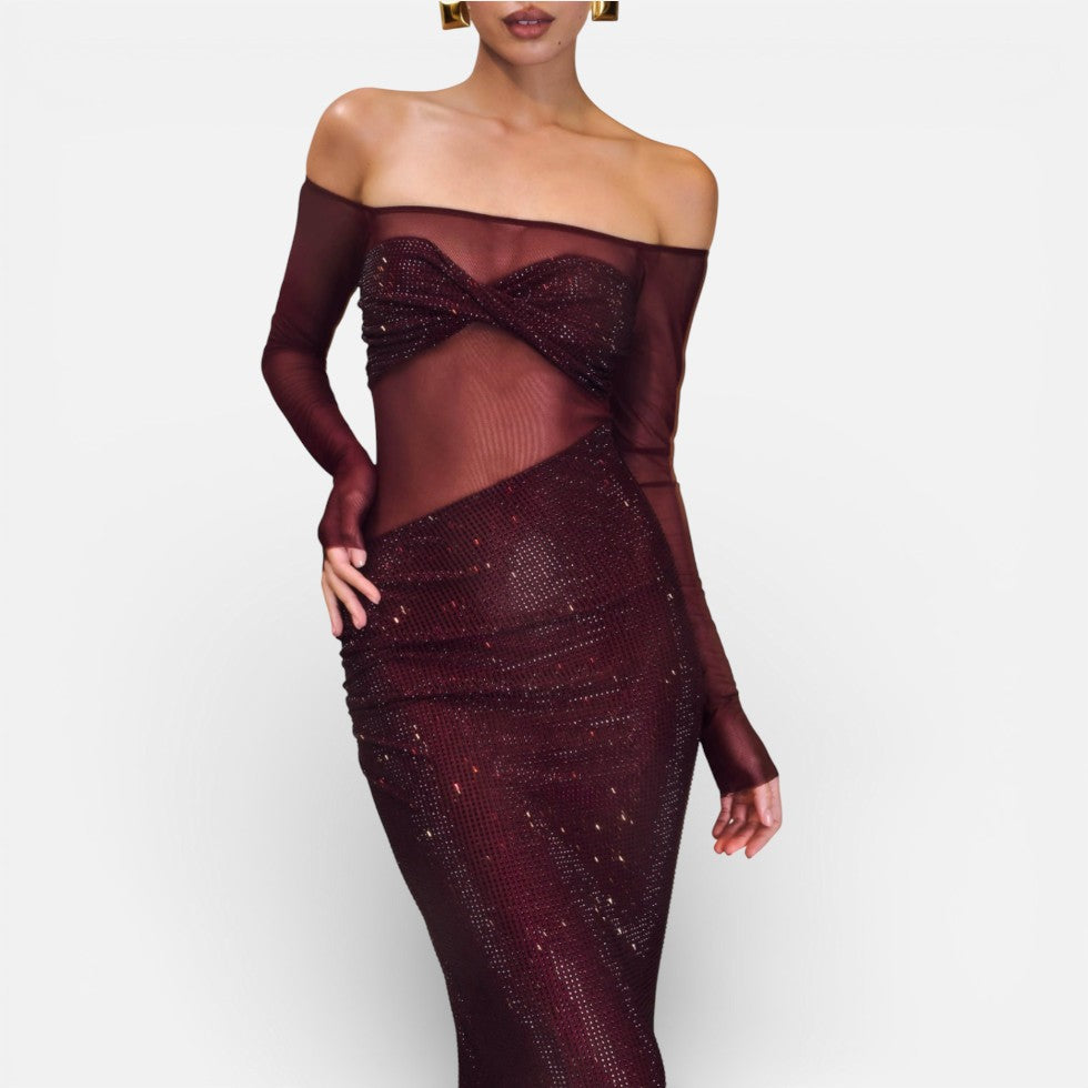 Langes Abendkleid mit Off Shoulder Schnitt und transparentem Oberteil