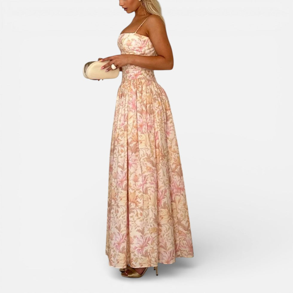 Langes Trägerkleid mit Blumenmuster und Korsage