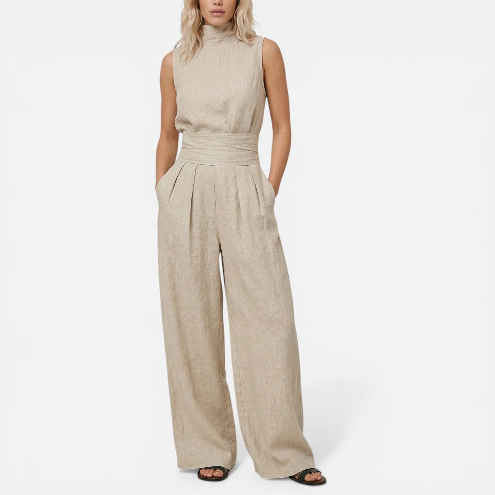 Ärmelloser Jumpsuit mit weitem Bein und Stehkragen