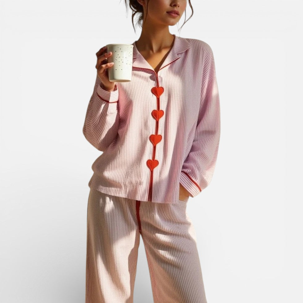 Damen Pyjama Set mit Knopfleiste und gestreiftem Design