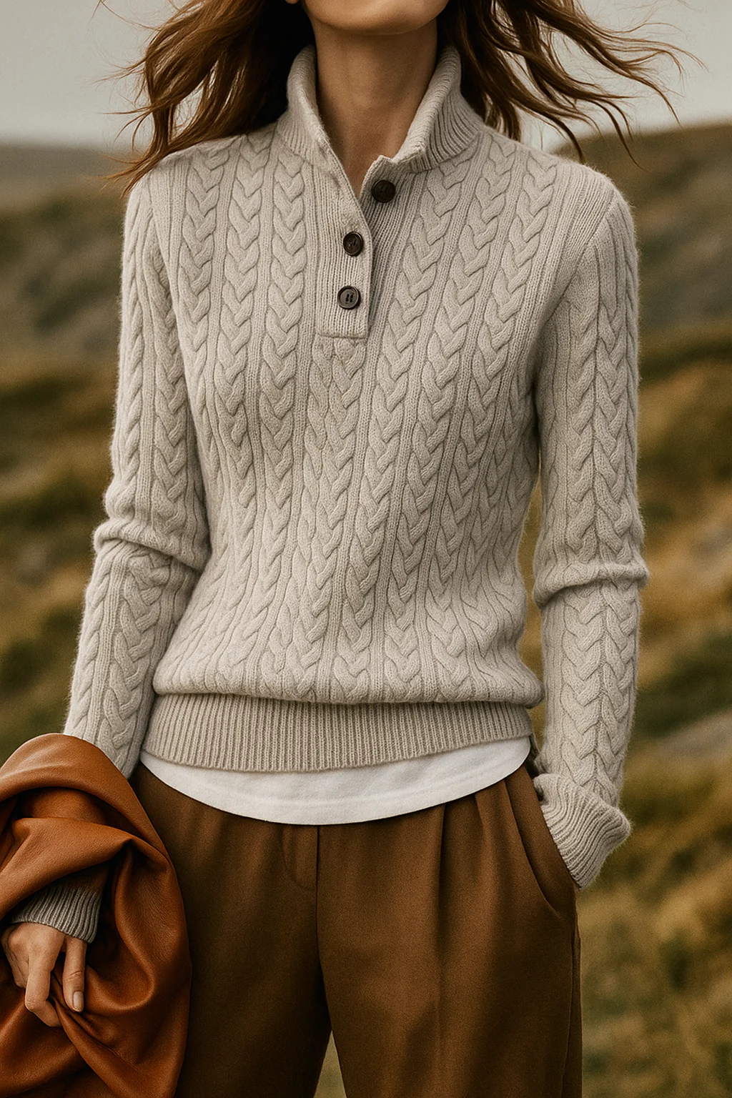 Kaschmir Strickpullover mit Zopfmuster und Knopfleiste