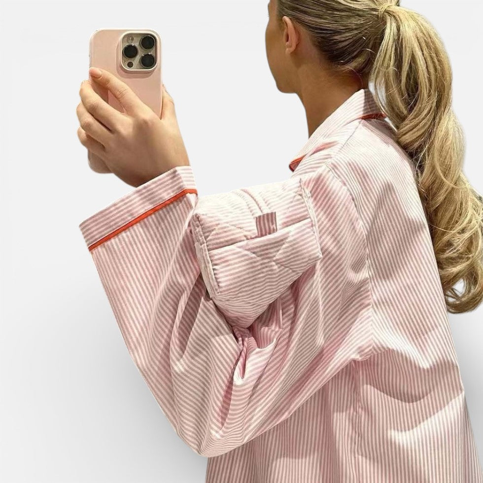 Damen Pyjama Set mit Knopfleiste und gestreiftem Design