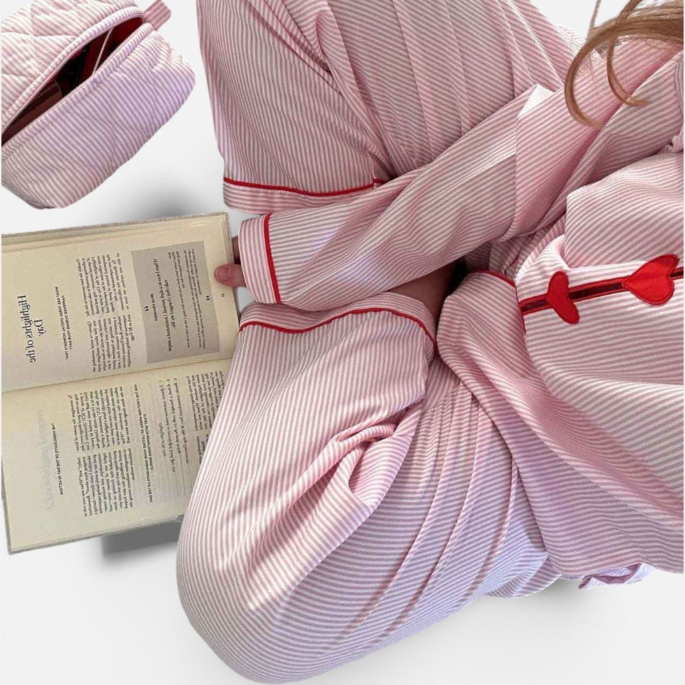 Damen Pyjama Set mit Knopfleiste und gestreiftem Design