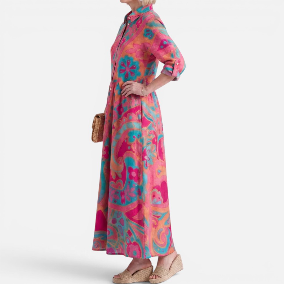 Maxikleid Hemdblusenkleid Langarm Blumenmuster Knopfleiste