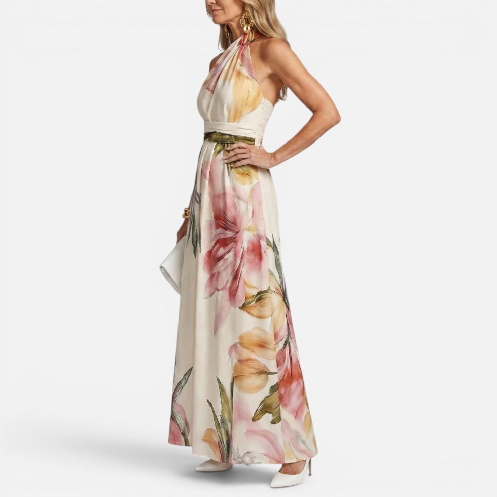 Maxikleid Neckholder Ärmellos Blumenmuster Tailliert