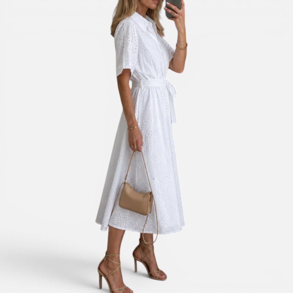 Midikleid Lochstickerei Bindegürtel Kurzarm Hemdkragen
