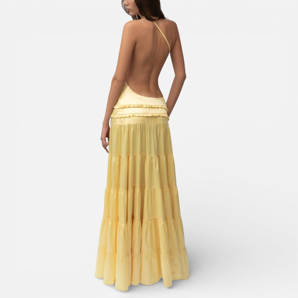 Langes One Shoulder Kleid mit Volants und Stufenrock
